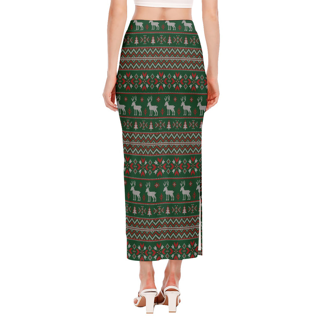Christmas Holiday Knitted Pattern Print Side Slit Maxi Skirt