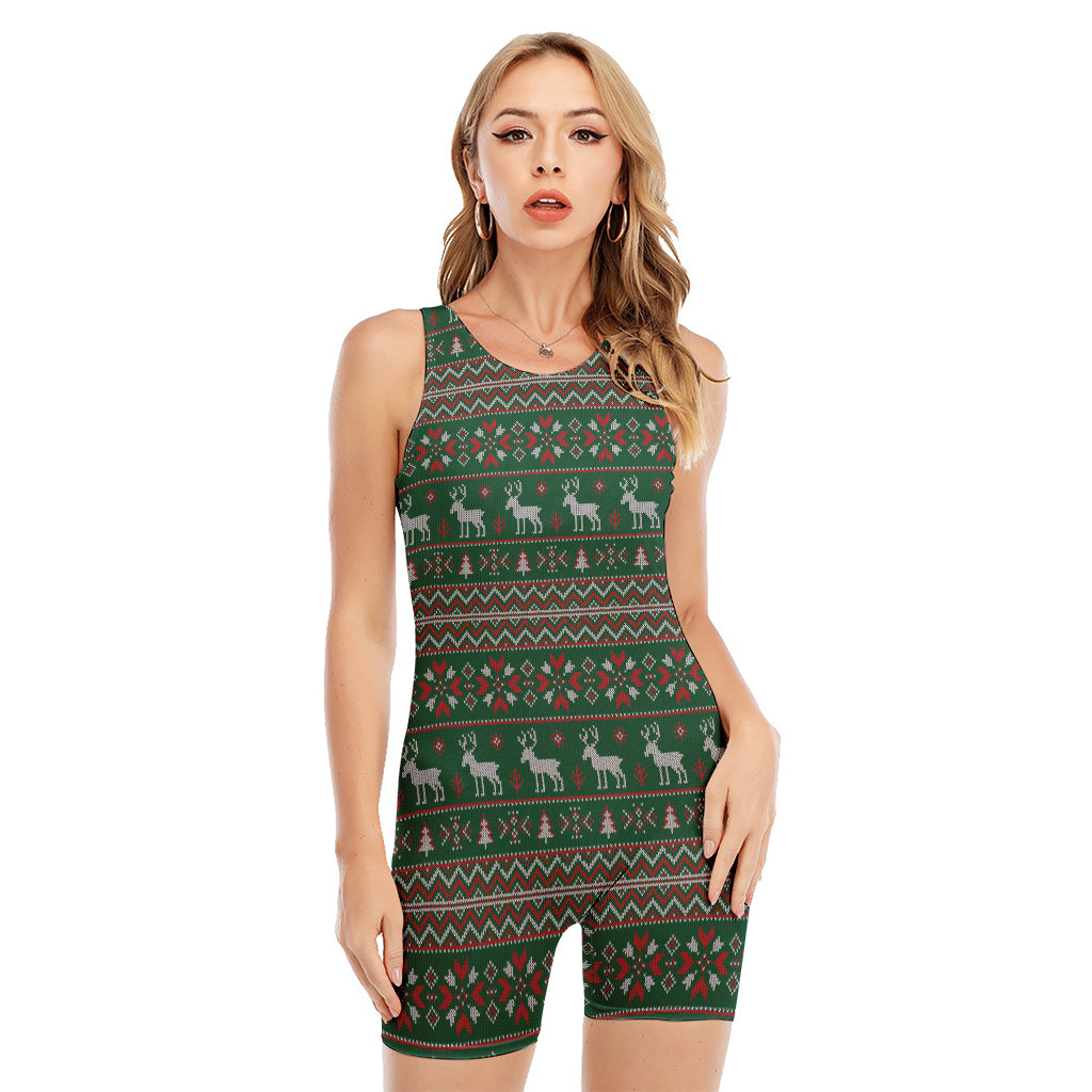Christmas Holiday Knitted Pattern Print Sleeveless One Piece Swimsuit