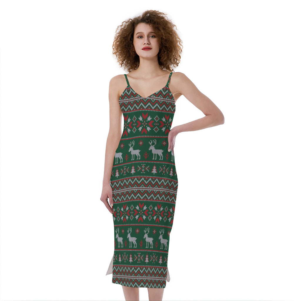 Christmas Holiday Knitted Pattern Print Slim Fit Midi Cami Dress