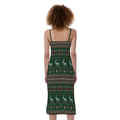 Christmas Holiday Knitted Pattern Print Slim Fit Midi Cami Dress