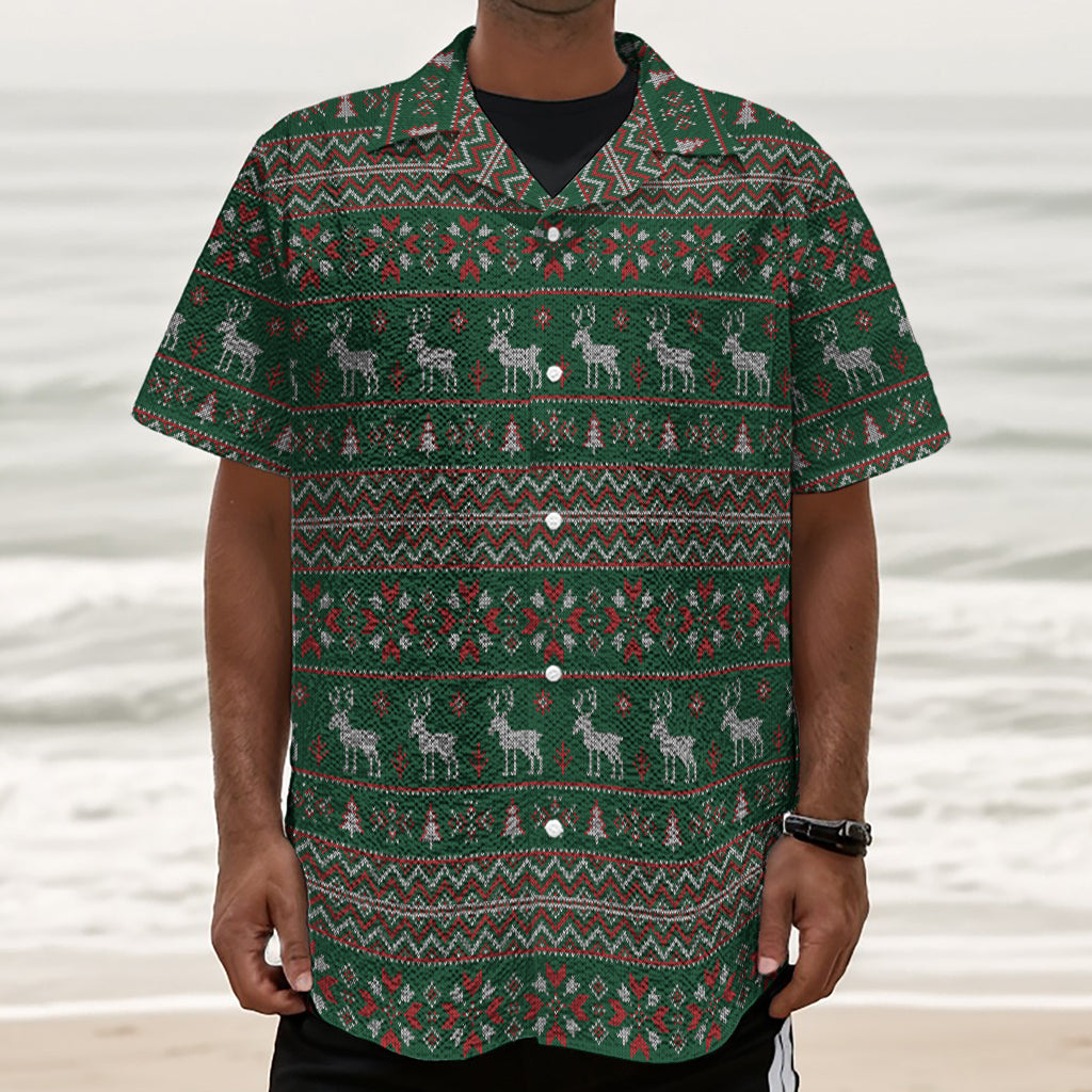 Christmas Holiday Knitted Pattern Print Textured Short Sleeve Shirt