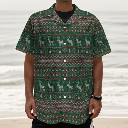 Christmas Holiday Knitted Pattern Print Textured Short Sleeve Shirt