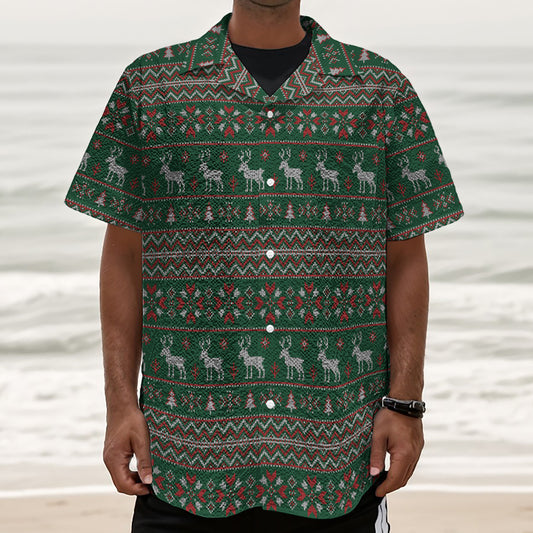 Christmas Holiday Knitted Pattern Print Textured Short Sleeve Shirt