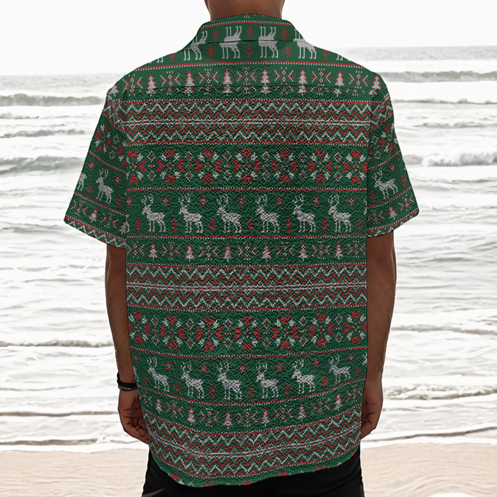 Christmas Holiday Knitted Pattern Print Textured Short Sleeve Shirt