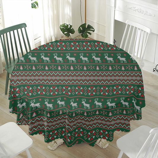 Christmas Holiday Knitted Pattern Print Waterproof Round Tablecloth