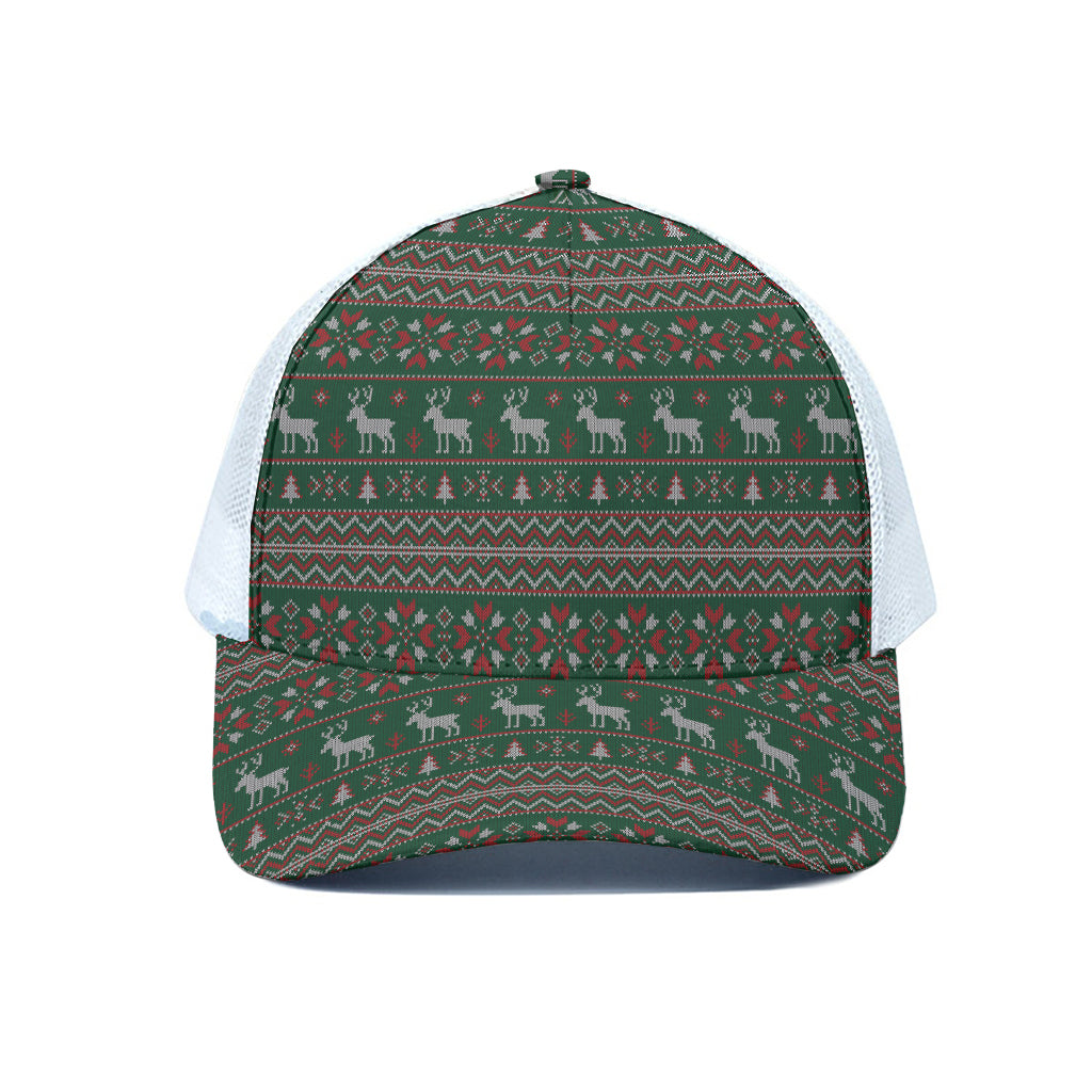 Christmas Holiday Knitted Pattern Print White Mesh Trucker Cap