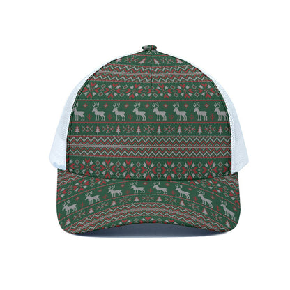 Christmas Holiday Knitted Pattern Print White Mesh Trucker Cap