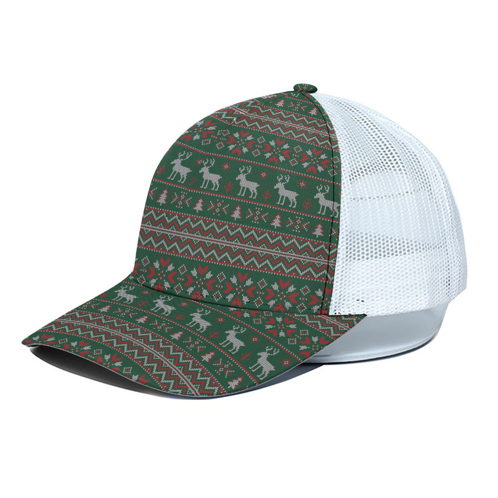 Christmas Holiday Knitted Pattern Print White Mesh Trucker Cap