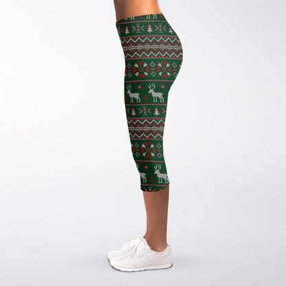 Christmas Holiday Knitted Pattern Print Women's Capri Leggings