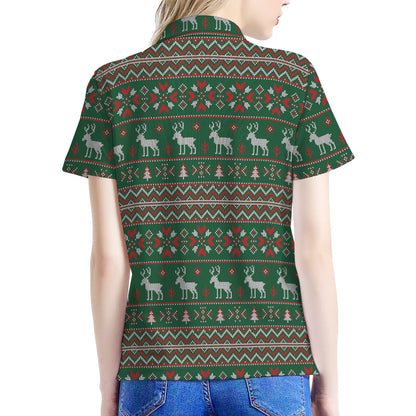 Christmas Holiday Knitted Pattern Print Women's Polo Shirt