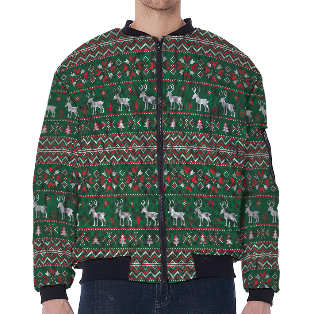 Christmas Holiday Knitted Pattern Print Zip Sleeve Bomber Jacket