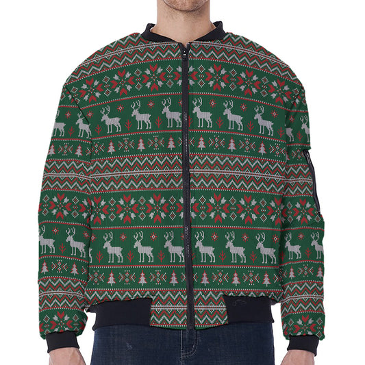 Christmas Holiday Knitted Pattern Print Zip Sleeve Bomber Jacket