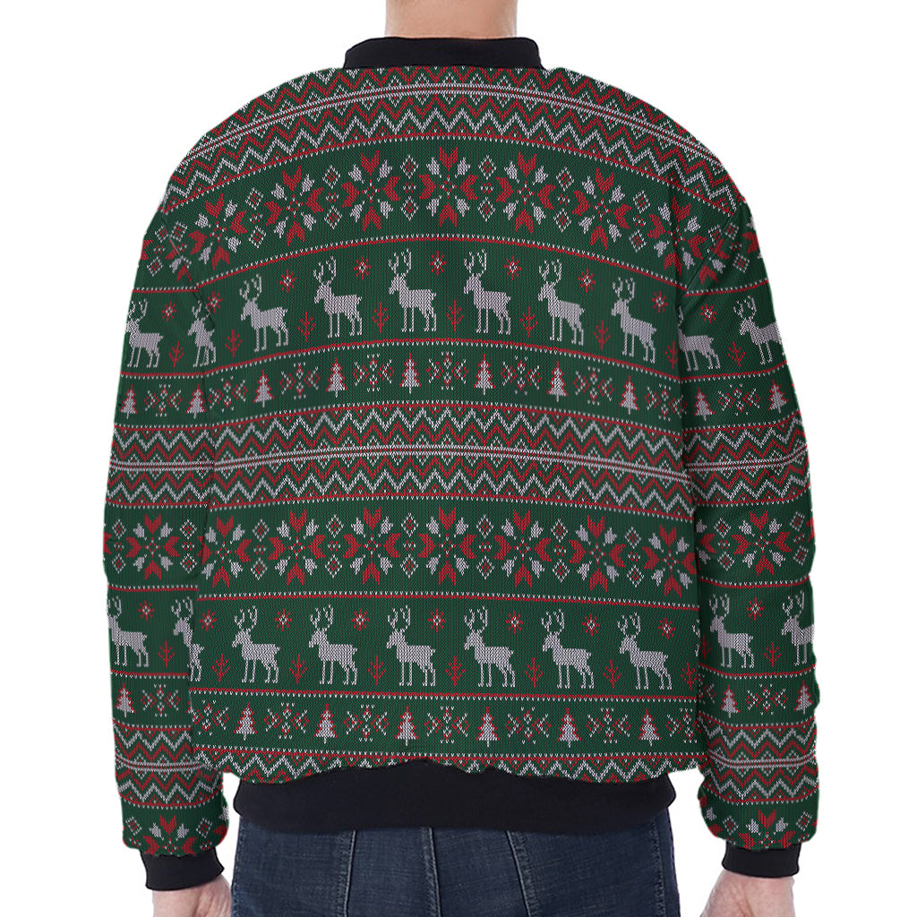 Christmas Holiday Knitted Pattern Print Zip Sleeve Bomber Jacket