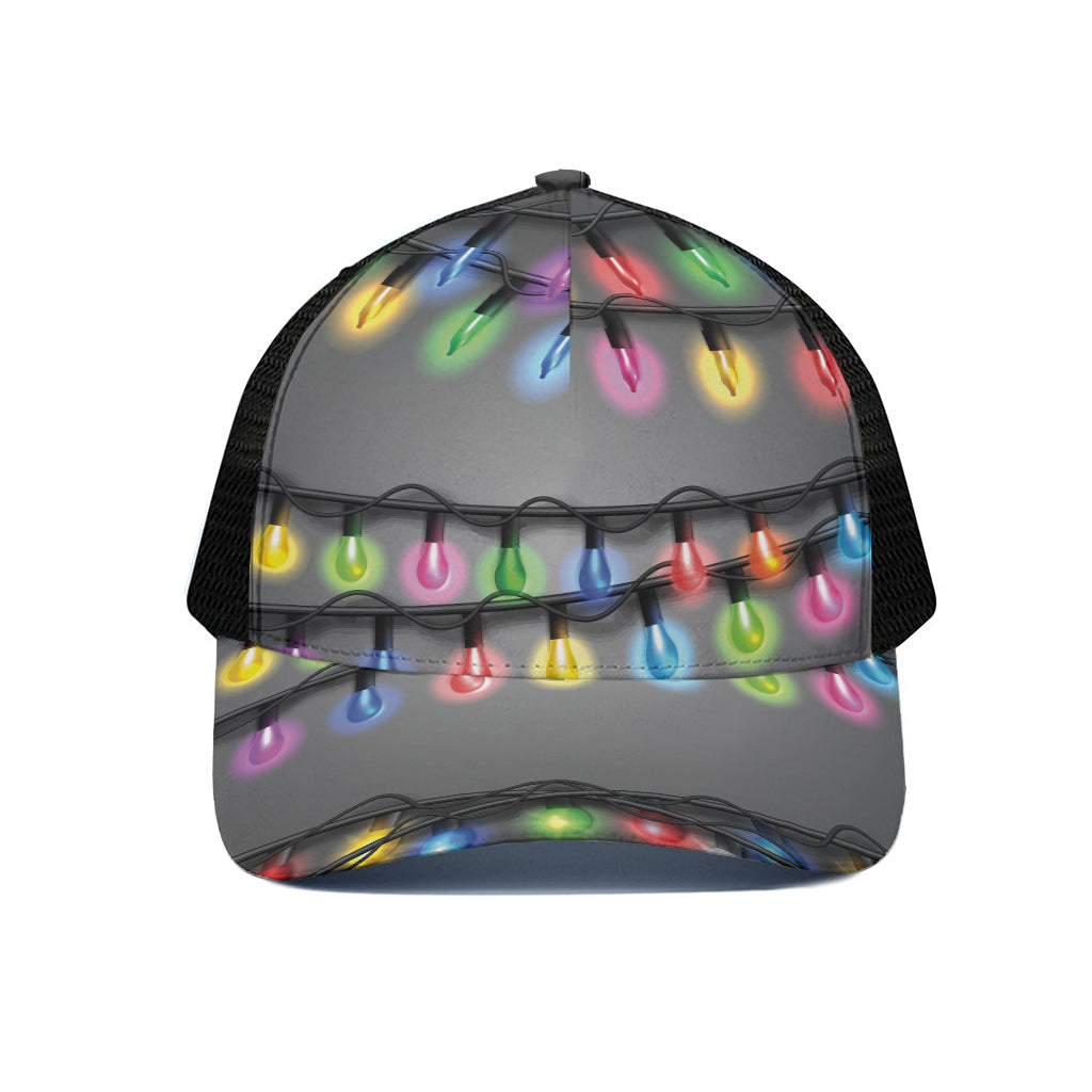Christmas Holiday Lights Print Black Mesh Trucker Cap