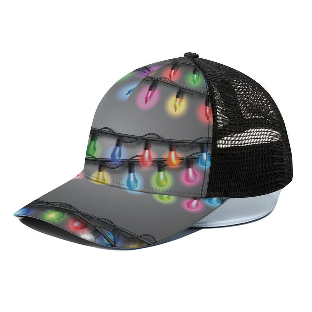 Christmas Holiday Lights Print Black Mesh Trucker Cap