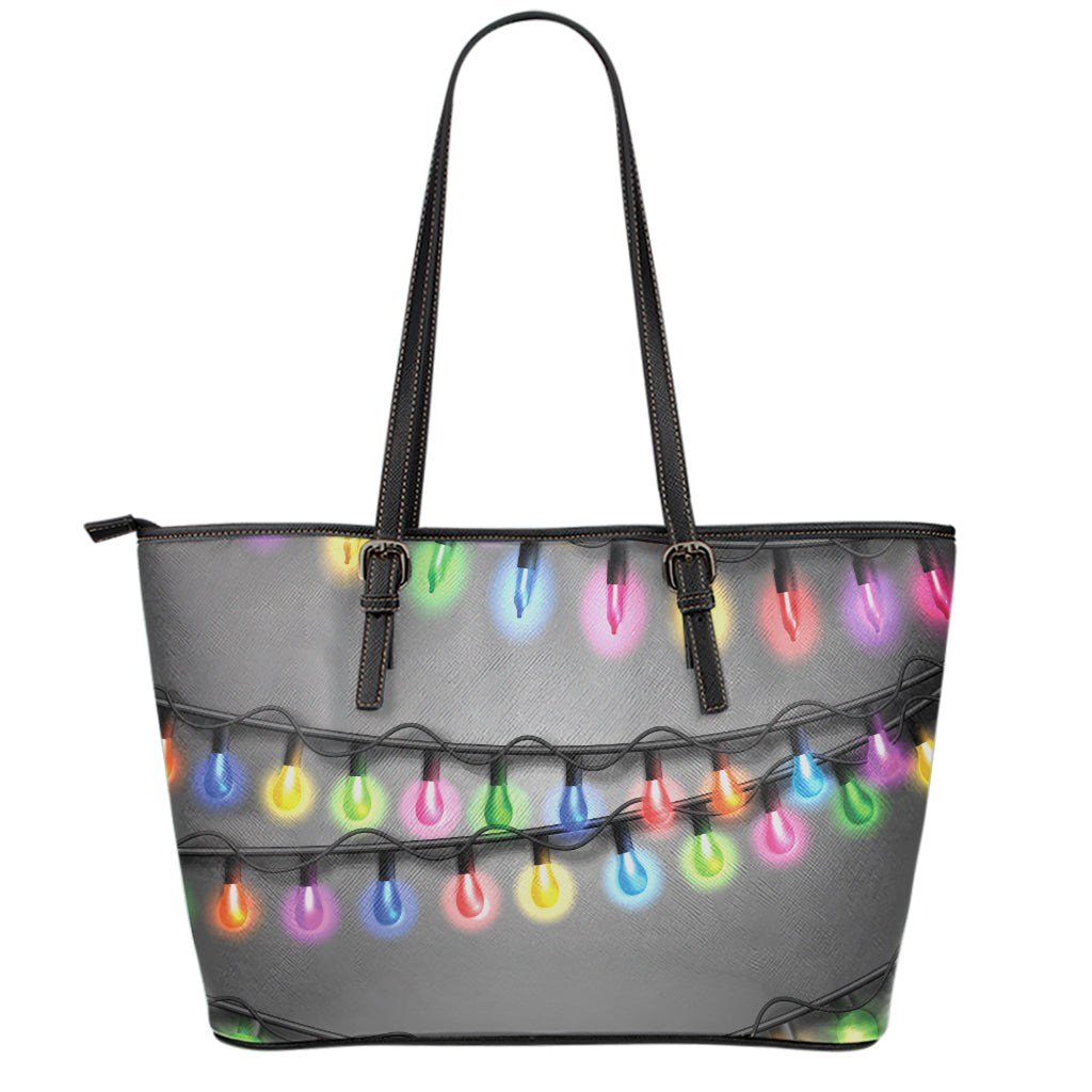 Christmas Holiday Lights Print Leather Tote Bag