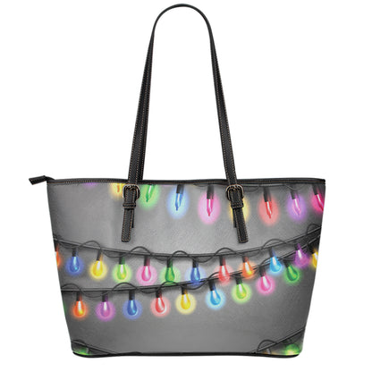Christmas Holiday Lights Print Leather Tote Bag