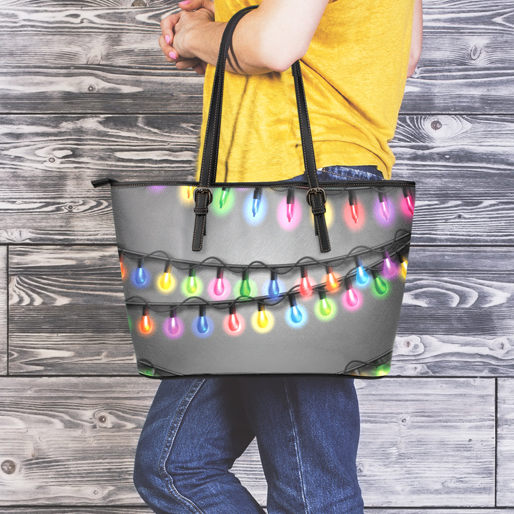 Christmas Holiday Lights Print Leather Tote Bag