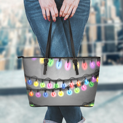 Christmas Holiday Lights Print Leather Tote Bag