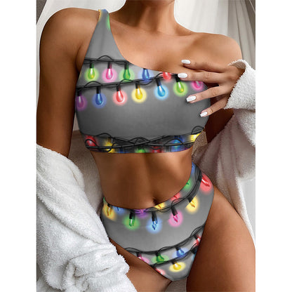 Christmas Holiday Lights Print One Shoulder Bikini Top