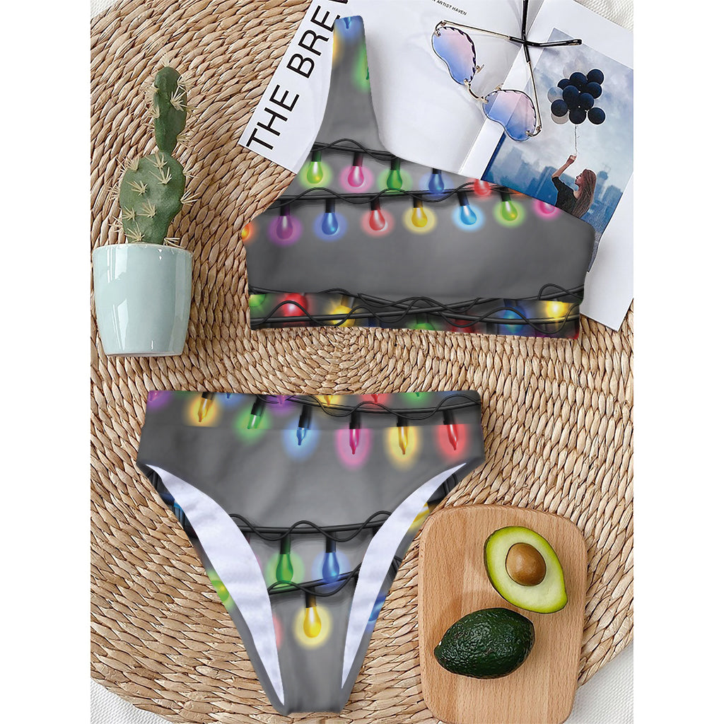 Christmas Holiday Lights Print One Shoulder Bikini Top