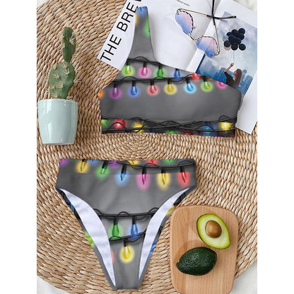Christmas Holiday Lights Print One Shoulder Bikini Top