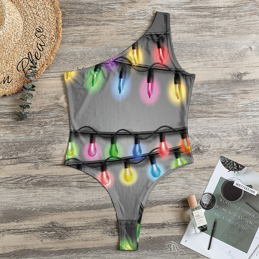 Christmas Holiday Lights Print One Shoulder Bodysuit