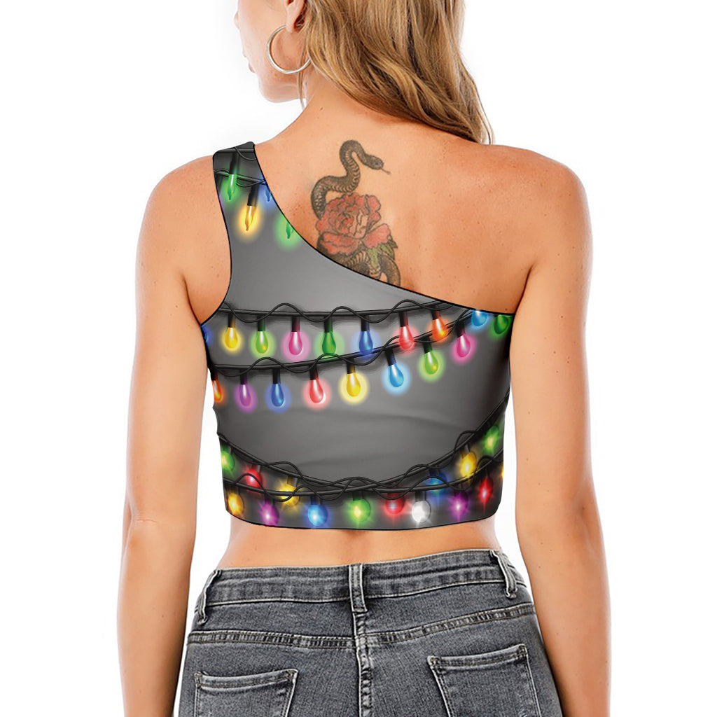 Christmas Holiday Lights Print One Shoulder Crop Top