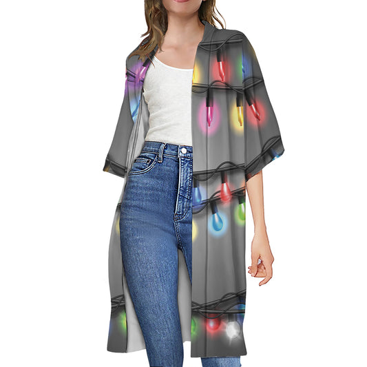 Christmas Holiday Lights Print Open Front Beach Cover Up