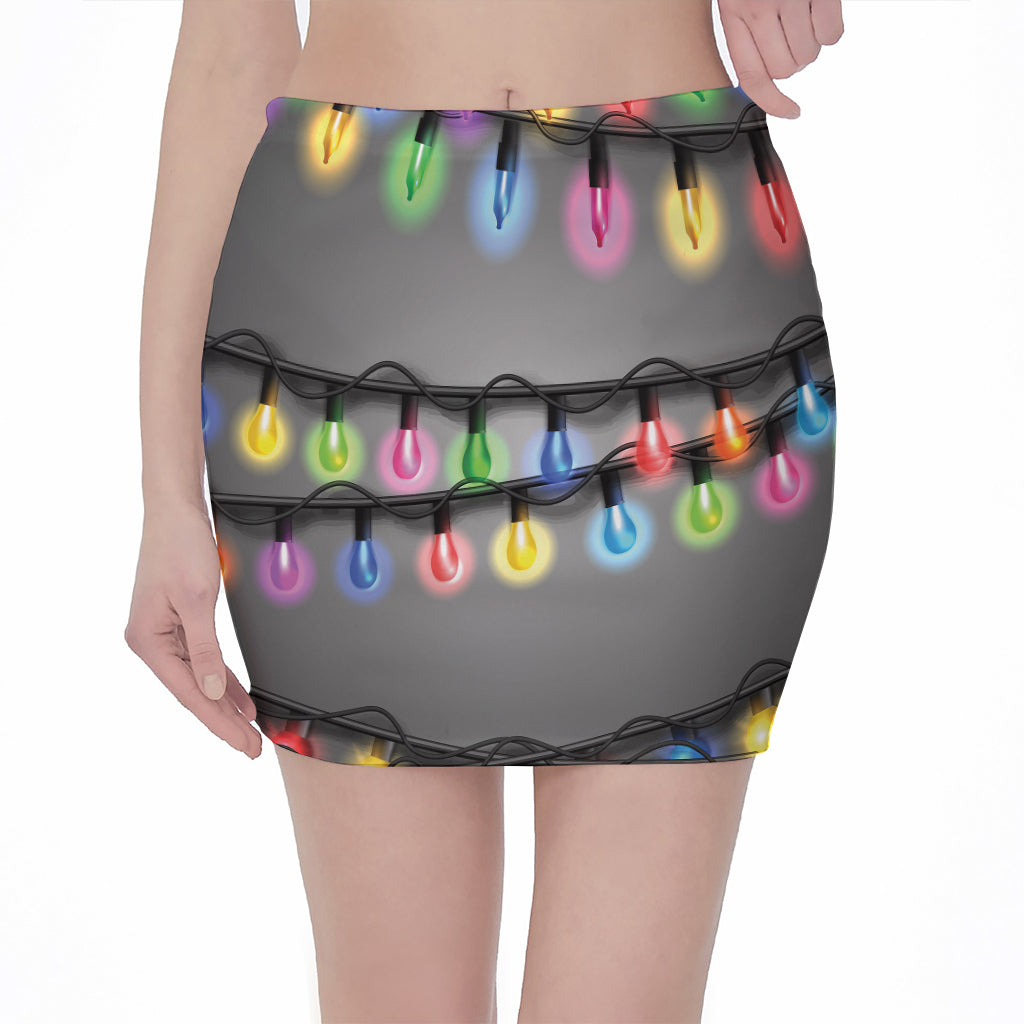Christmas Holiday Lights Print Pencil Mini Skirt