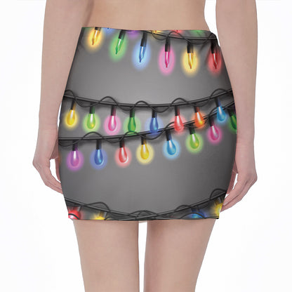 Christmas Holiday Lights Print Pencil Mini Skirt
