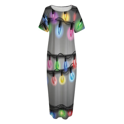 Christmas Holiday Lights Print Short Sleeve Long Nightdress