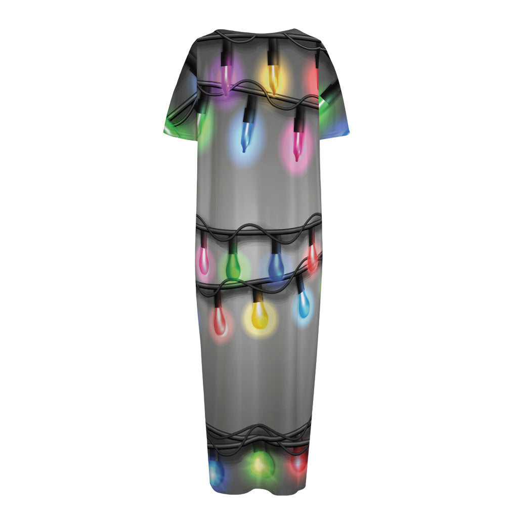 Christmas Holiday Lights Print Short Sleeve Long Nightdress