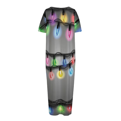 Christmas Holiday Lights Print Short Sleeve Long Nightdress