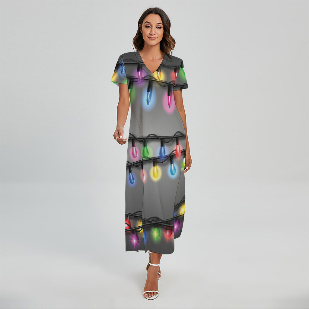 Christmas Holiday Lights Print Short Sleeve Maxi Dress