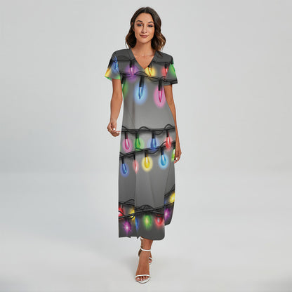 Christmas Holiday Lights Print Short Sleeve Maxi Dress