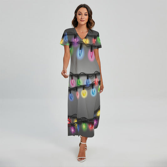 Christmas Holiday Lights Print Short Sleeve Maxi Dress