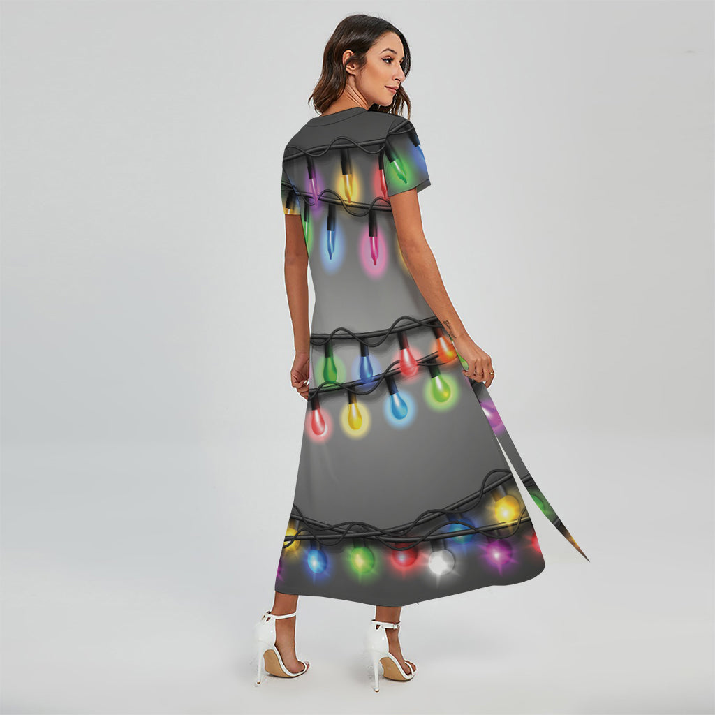 Christmas Holiday Lights Print Short Sleeve Maxi Dress