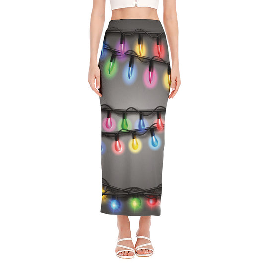 Christmas Holiday Lights Print Side Slit Maxi Skirt