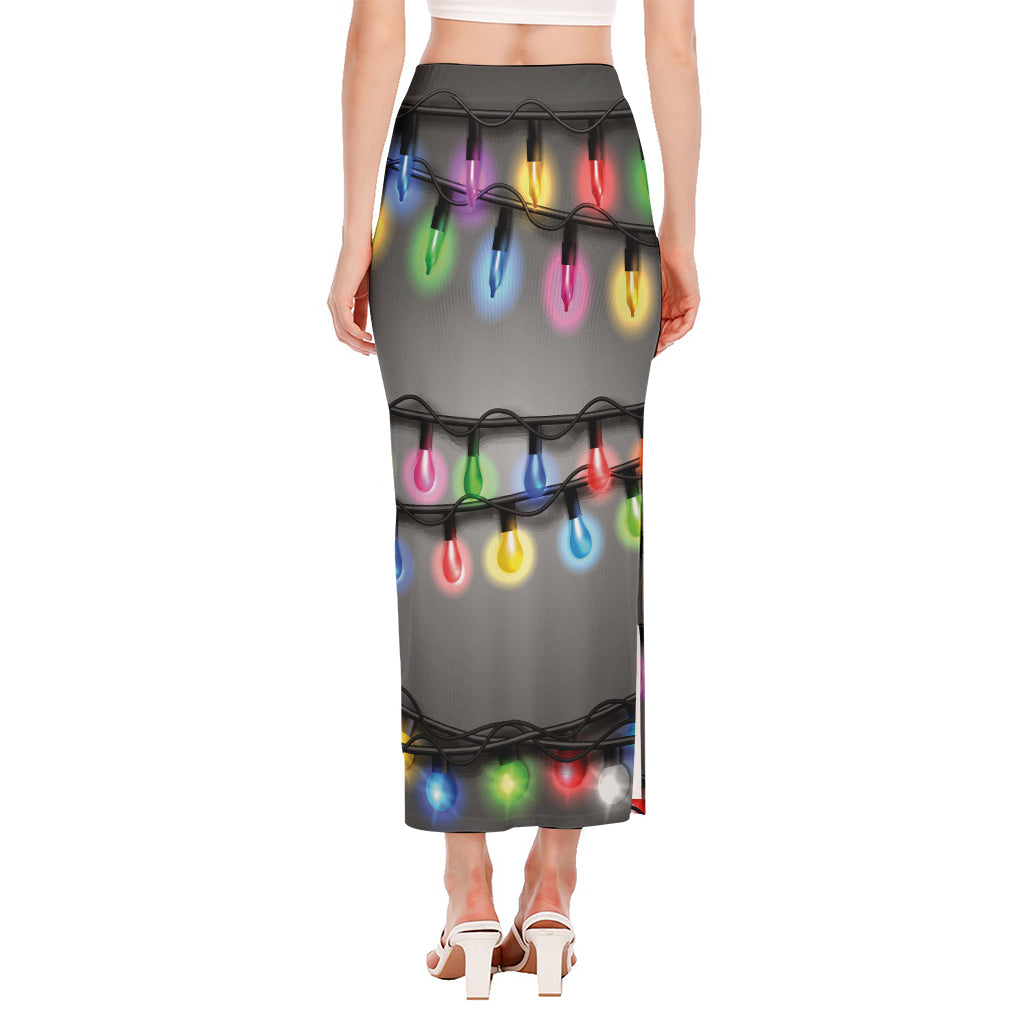 Christmas Holiday Lights Print Side Slit Maxi Skirt