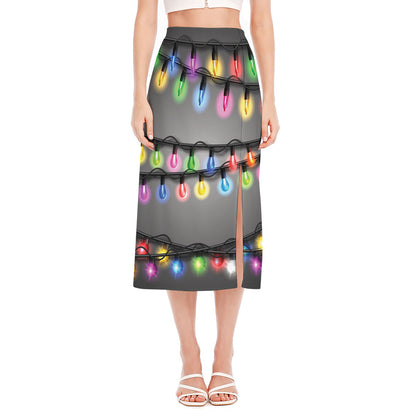 Christmas Holiday Lights Print Side Slit Midi Skirt