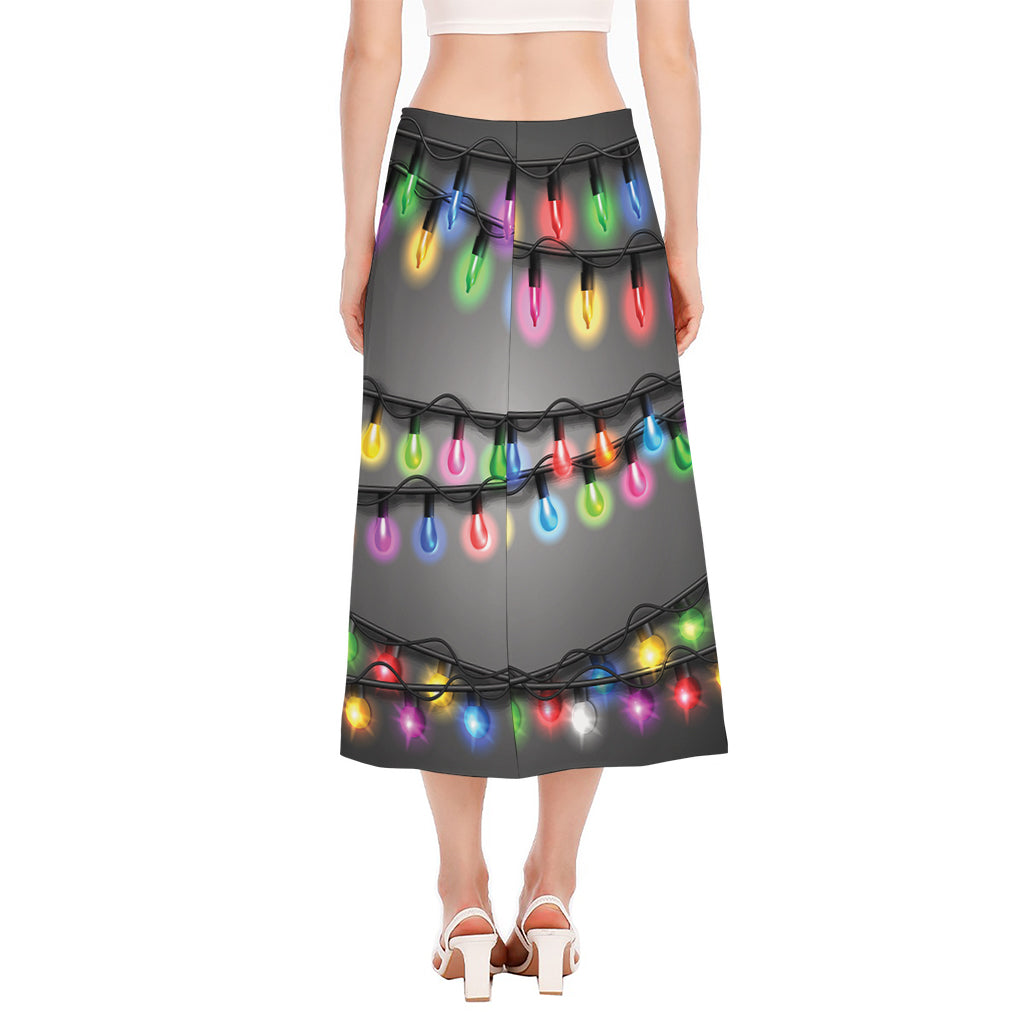 Christmas Holiday Lights Print Side Slit Midi Skirt