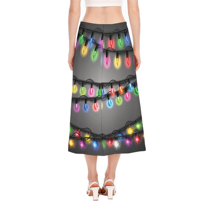 Christmas Holiday Lights Print Side Slit Midi Skirt