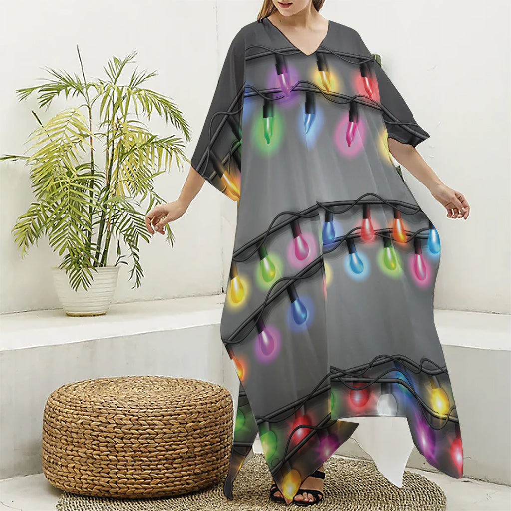 Christmas Holiday Lights Print Silk V-Neck Kaftan Dress