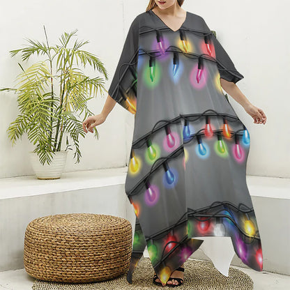Christmas Holiday Lights Print Silk V-Neck Kaftan Dress