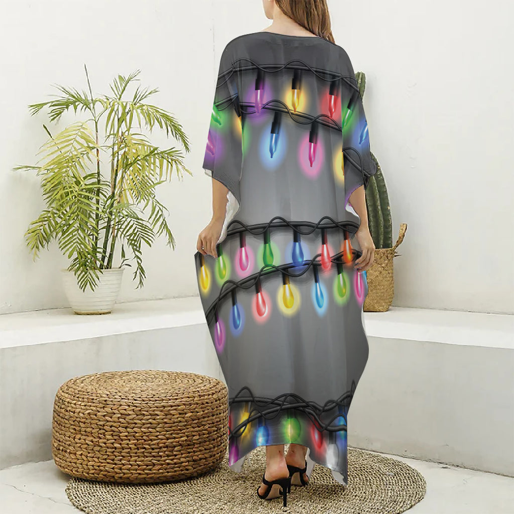 Christmas Holiday Lights Print Silk V-Neck Kaftan Dress