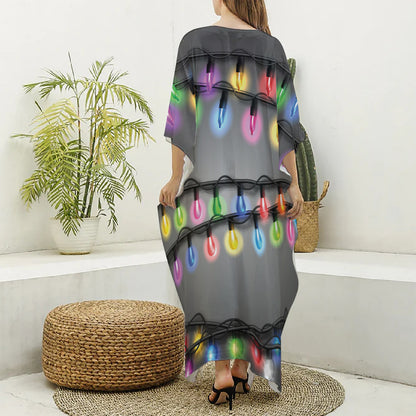Christmas Holiday Lights Print Silk V-Neck Kaftan Dress