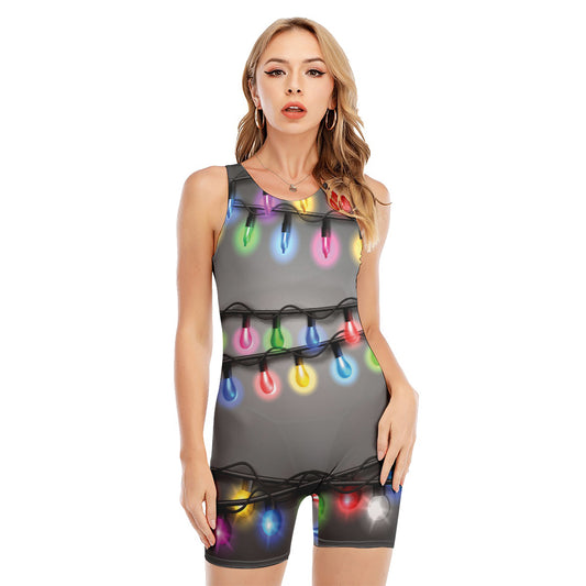 Christmas Holiday Lights Print Sleeveless One Piece Swimsuit