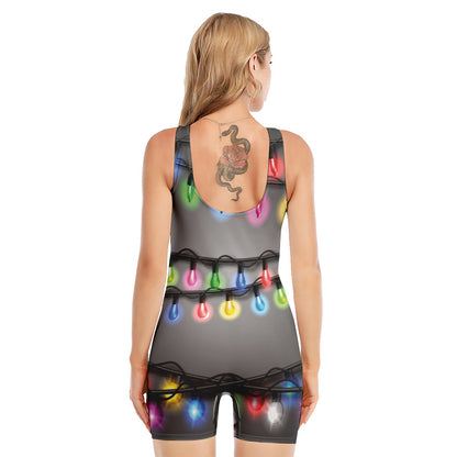 Christmas Holiday Lights Print Sleeveless One Piece Swimsuit
