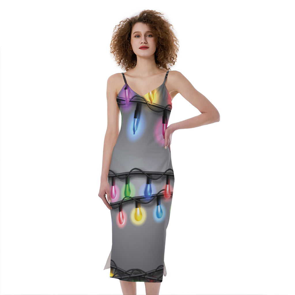 Christmas Holiday Lights Print Slim Fit Midi Cami Dress